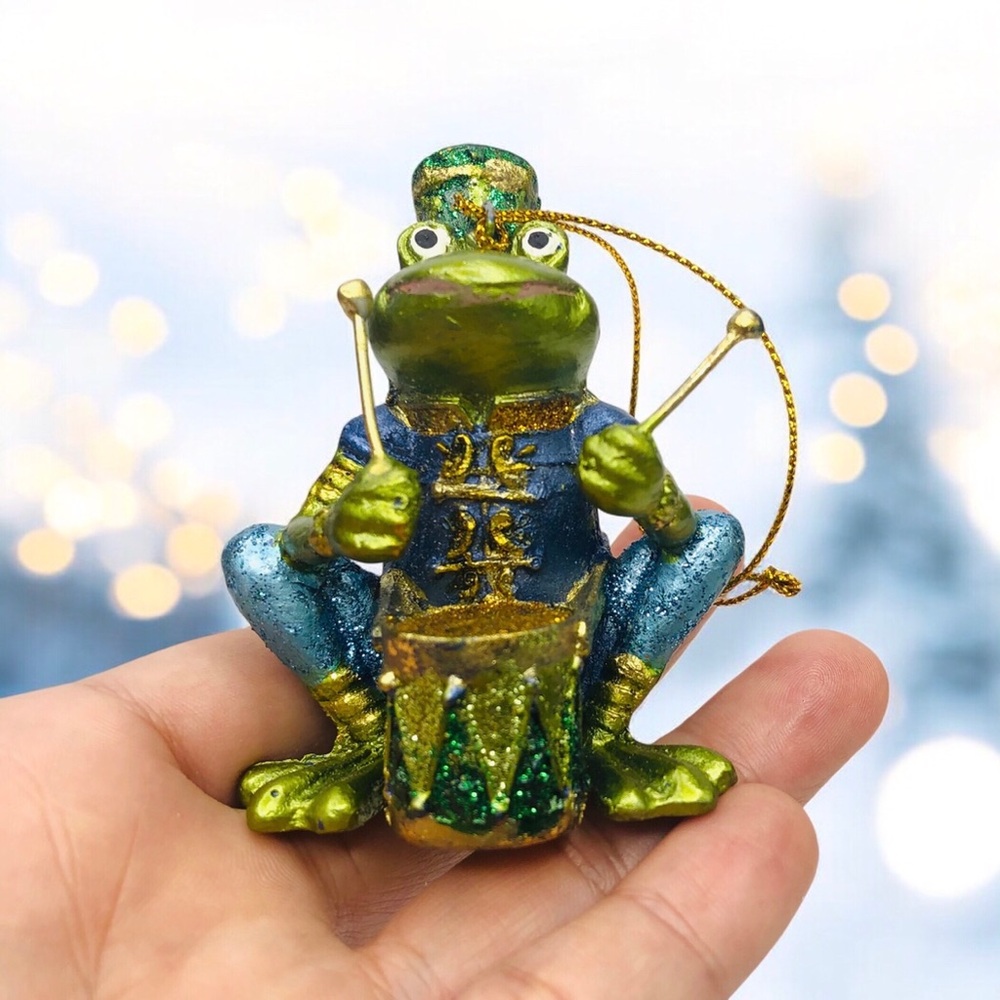 Frog Playing Drum Glittery Fairy Christmas Ornament Hand Painted Drummer Gift